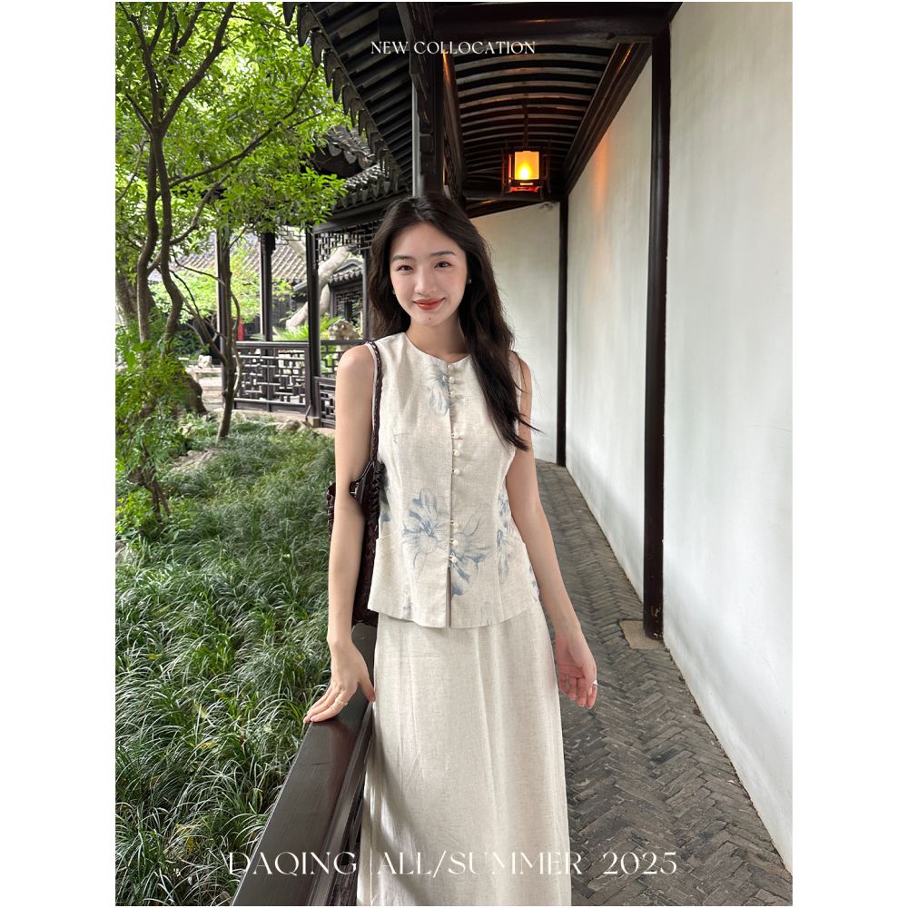 Xu Daqing Zhiyao s new Chinese style elegant linen printed round neck vest with elastic waistband mid length skirt set image 1