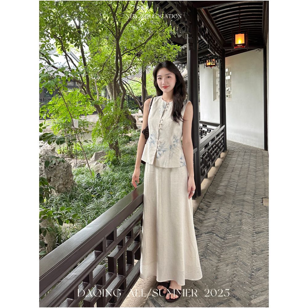 Xu Daqing Zhiyao s new Chinese style elegant linen printed round neck vest with elastic waistband mid length skirt set image 3