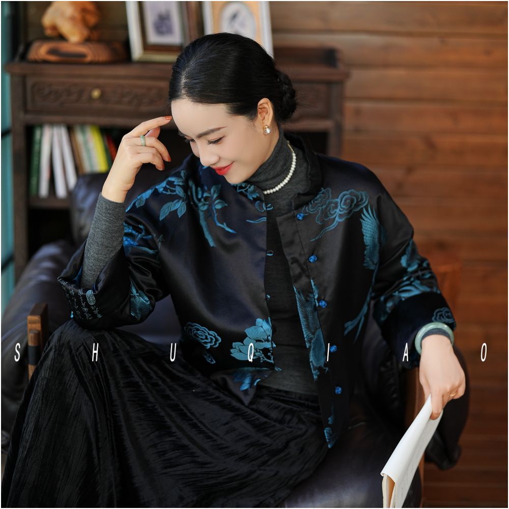 Shu Qiao Zijin silk new old satin black top new Chinese retro short jacket women s Chinese style jacket image 1