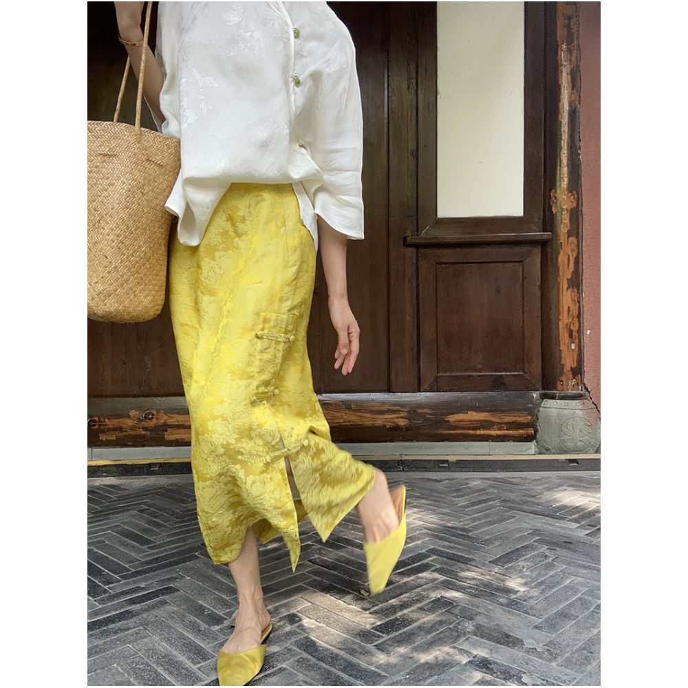 BLUE Y Chinese Style Yellow Jacquard Silk Rayon New Chinese Style Midi Skirt High Waist Button Down Side Slit Versatile Mid Length image 1