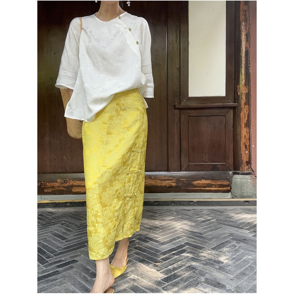 BLUE Y Chinese Style Yellow Jacquard Silk Rayon New Chinese Style Midi Skirt High Waist Button Down Side Slit Versatile Mid Length image 3
