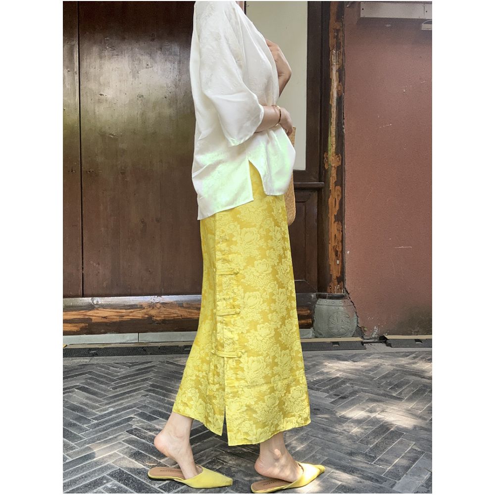 BLUE Y Chinese Style Yellow Jacquard Silk Rayon New Chinese Style Midi Skirt High Waist Button Down Side Slit Versatile Mid Length image 4