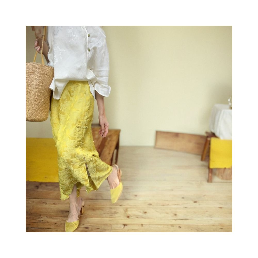 BLUE Y Chinese Style Yellow Jacquard Silk Rayon New Chinese Style Midi Skirt High Waist Button Down Side Slit Versatile Mid Length image 5