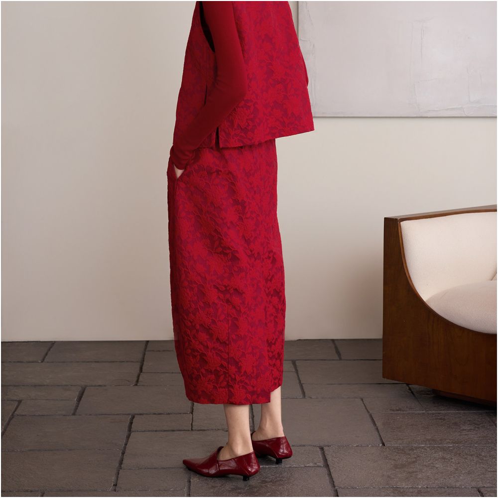 Ruyi Lianyun Hongxi Winter New Jacquard Half length Skirt Women s New Chinese Style Chinese Style Elastic Waist Split Flower Bud Skirt image 3