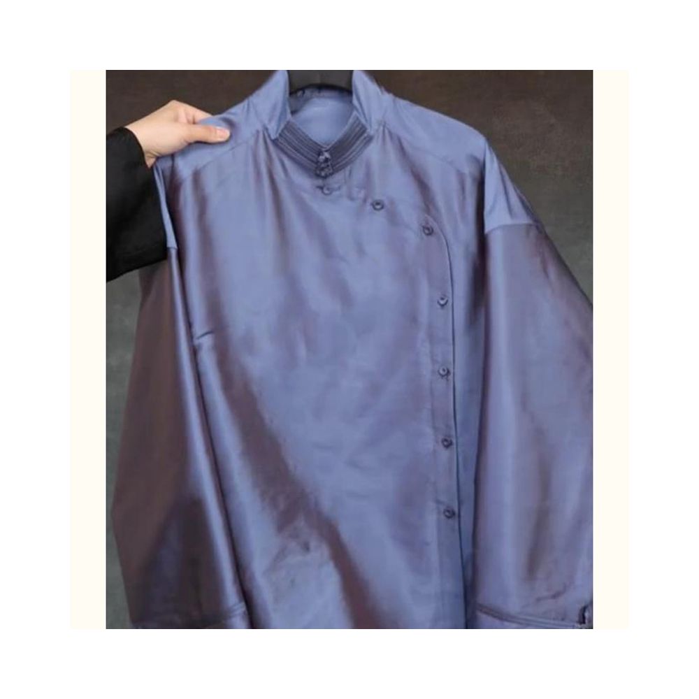 Shopping Mall Withdrawal Autumn Edition New Chinese Style Retro Style Minimalist Light Luxury Unique Beautiful Blue Stand up Collar Shirt image 2