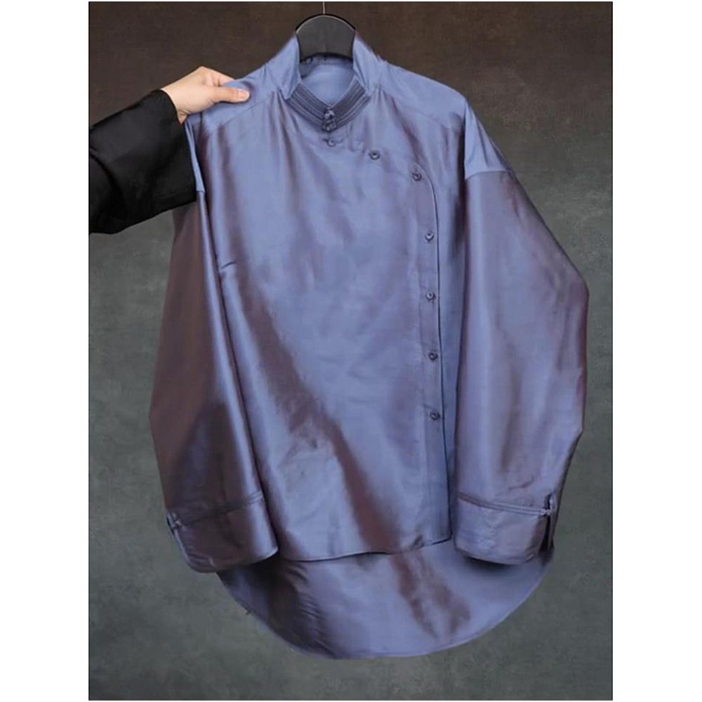 ASAYA5845 – Midnight Silk Mandarin Shirt 🌫️🩵