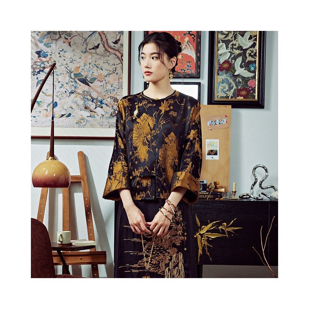 Moyu 2025 Autumn New Chinese Style Improved Satin Pipa Collar Plate Buckle Tea Robe New Chinese Tang Top image 0