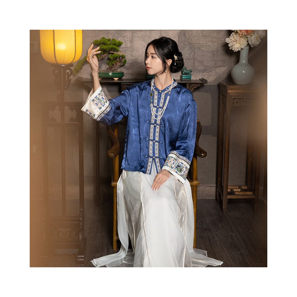 New Chinese style tops shirts retro Chinese style women s clothing silk jacquard plate buckle jacquard plate gold embroidery spring and autumn tea clothing image 1