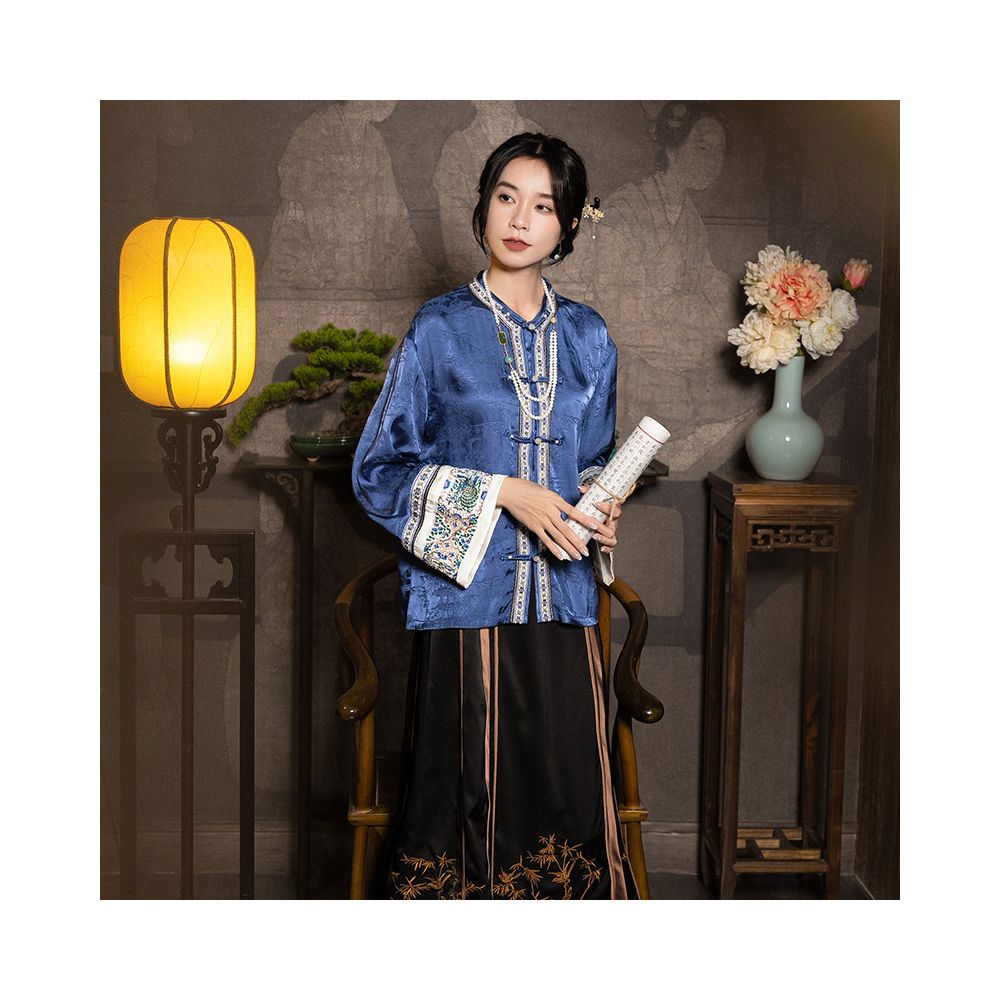 New Chinese style tops shirts retro Chinese style women s clothing silk jacquard plate buckle jacquard plate gold embroidery spring and autumn tea clothing image 4