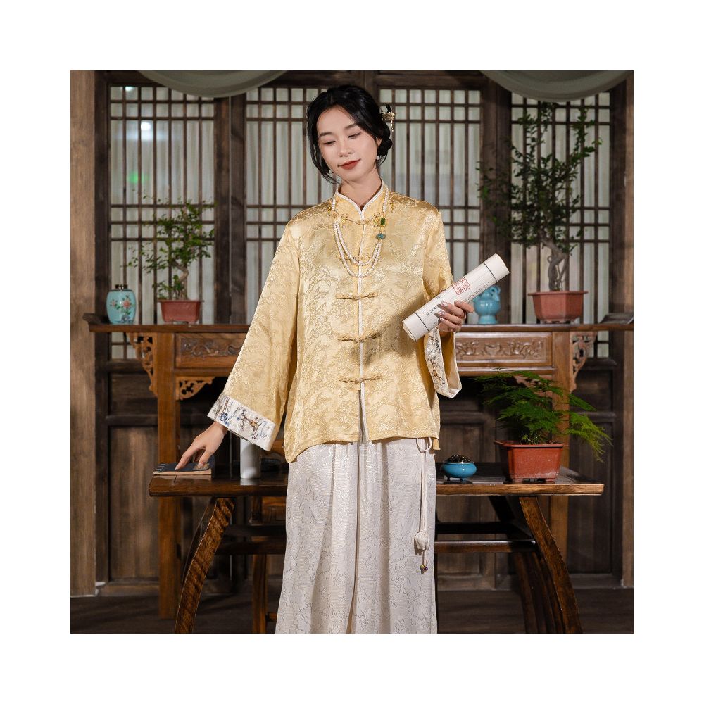 New Chinese style top Chinese style women s clothing jacquard Tencel silk cardigan jacket buttoned shirt embroidered flower summer and autumn tea suit image 4