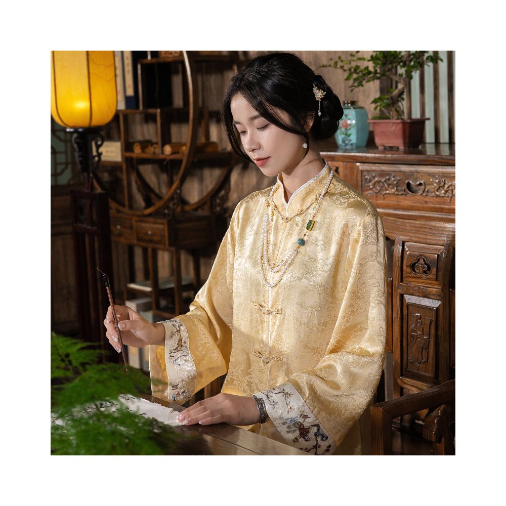 New Chinese style top Chinese style women s clothing jacquard Tencel silk cardigan jacket buttoned shirt embroidered flower summer and autumn tea suit image 0
