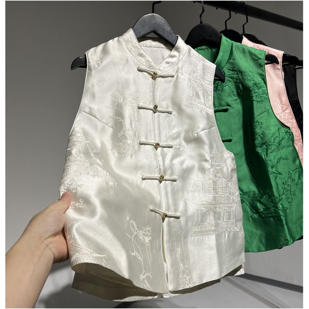 111307F Shiti Store Original C New Chinese Style Black Stand Collar Button Silk Wool Embroidered Vest for Women image 1