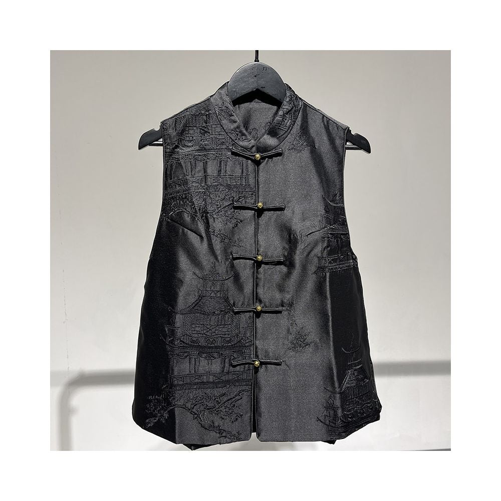 111307F Shiti Store Original C New Chinese Style Black Stand Collar Button Silk Wool Embroidered Vest for Women image 2