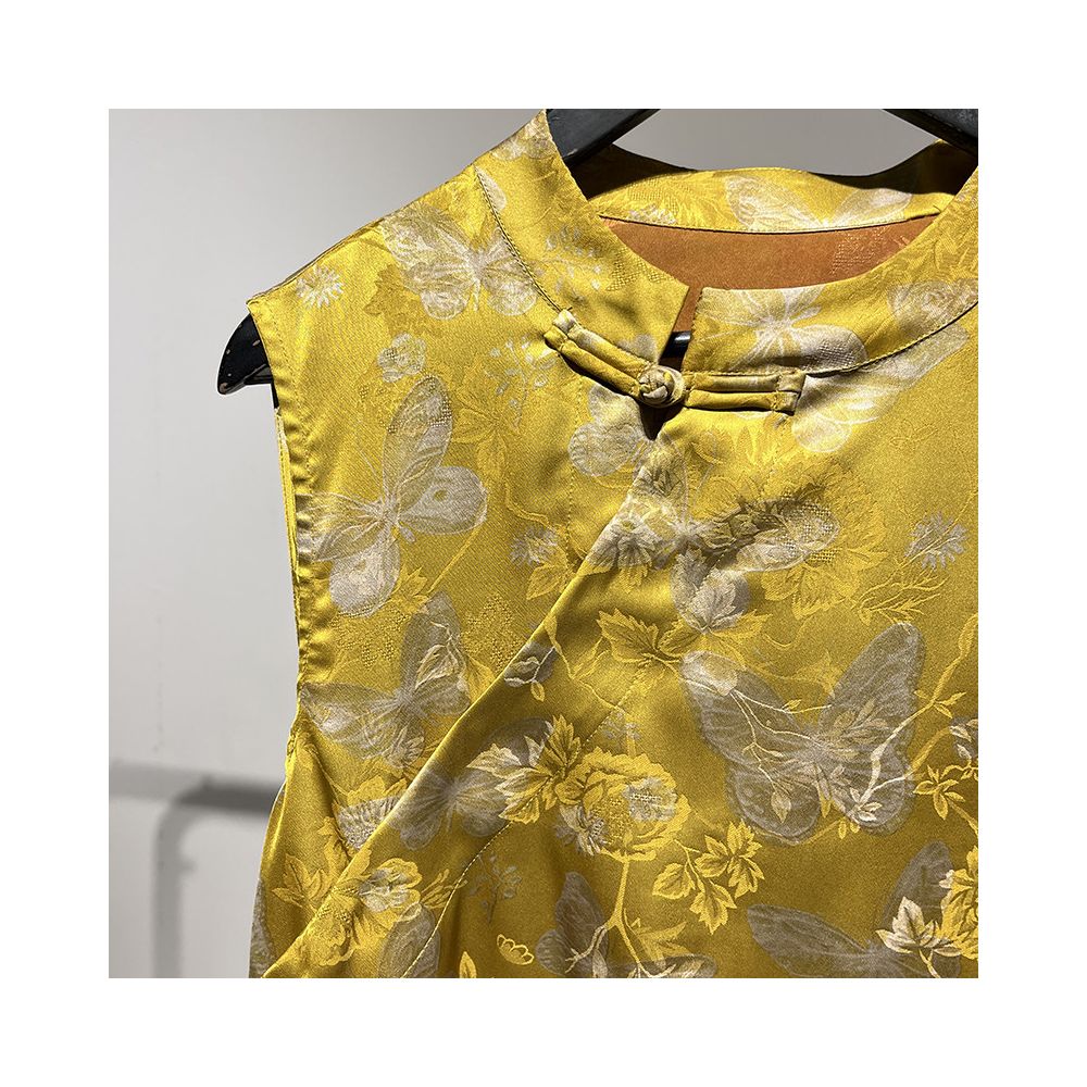 071002F Shiti Store New Chinese Style Yellow Stand Collar Fold Out Button Button Jacquard Satin Loose Sleeveless Shirt Vest image 3
