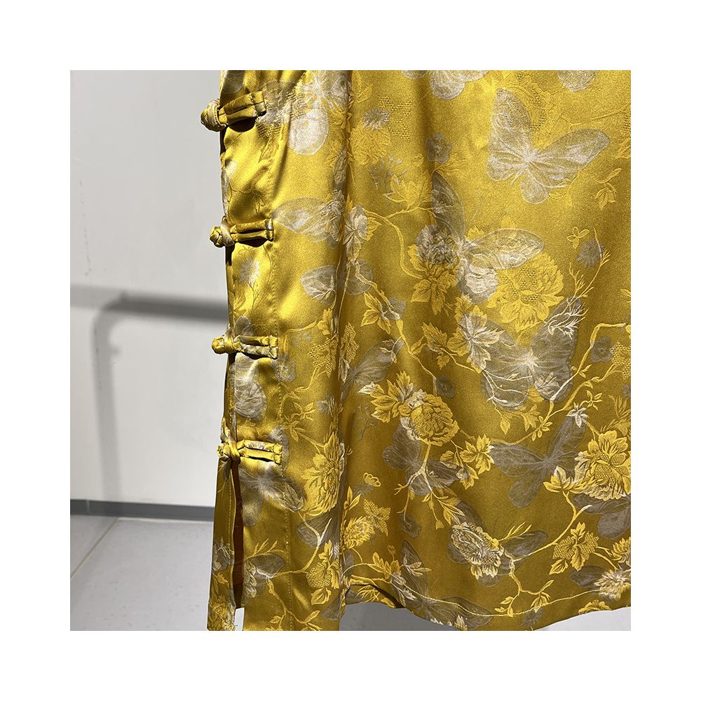 071002F Shiti Store New Chinese Style Yellow Stand Collar Fold Out Button Button Jacquard Satin Loose Sleeveless Shirt Vest image 4