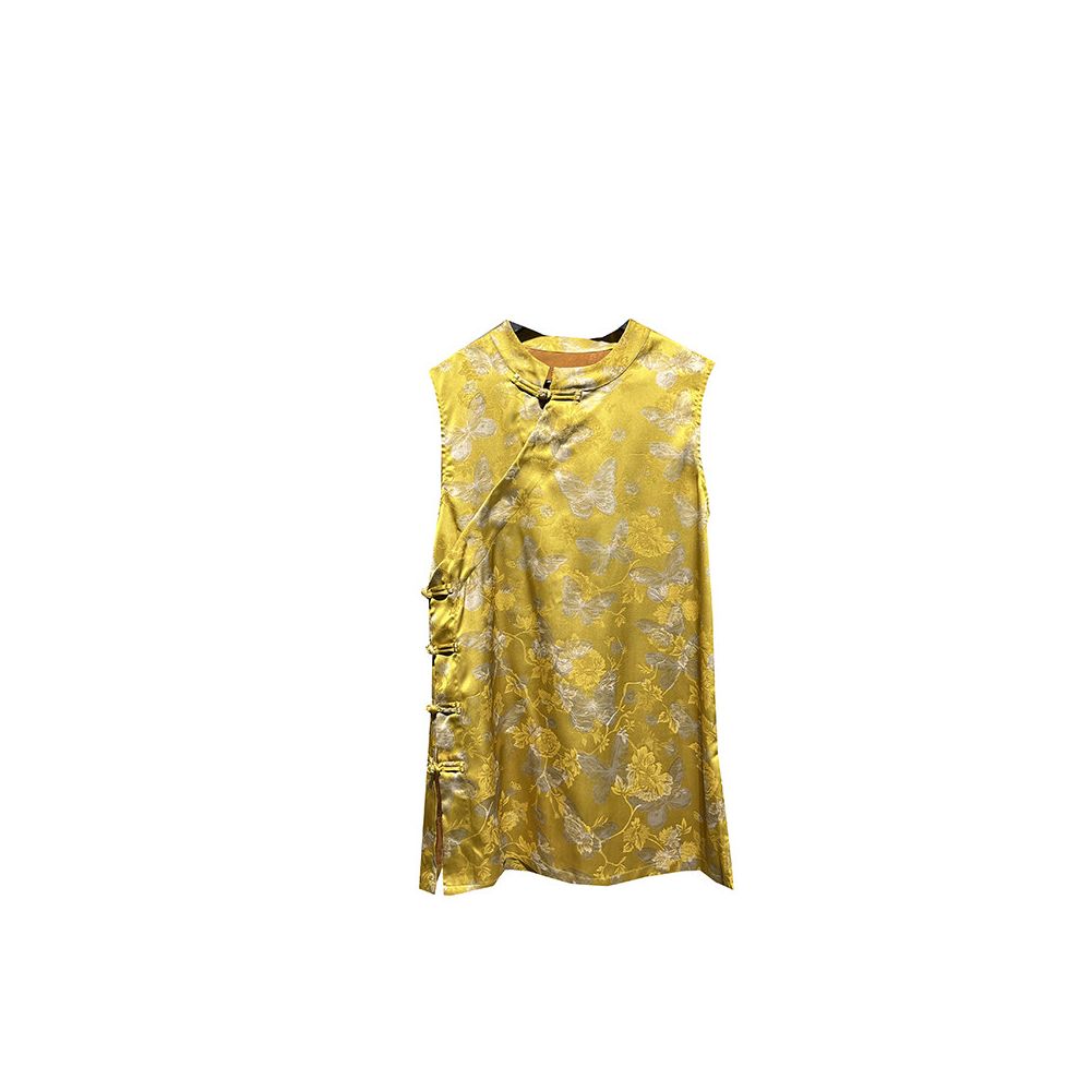 071002F Shiti Store New Chinese Style Yellow Stand Collar Fold Out Button Button Jacquard Satin Loose Sleeveless Shirt Vest image 5