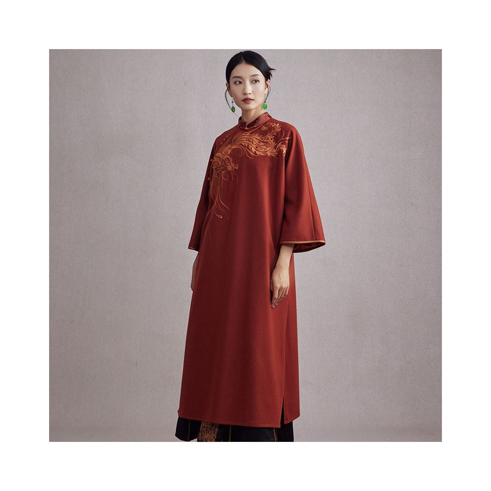Moyu 2025 Autumn Winter New Chinese Style Retro Daily Phoenix Embroidery Large Size Cheongsam Style Woolen Dress image 2