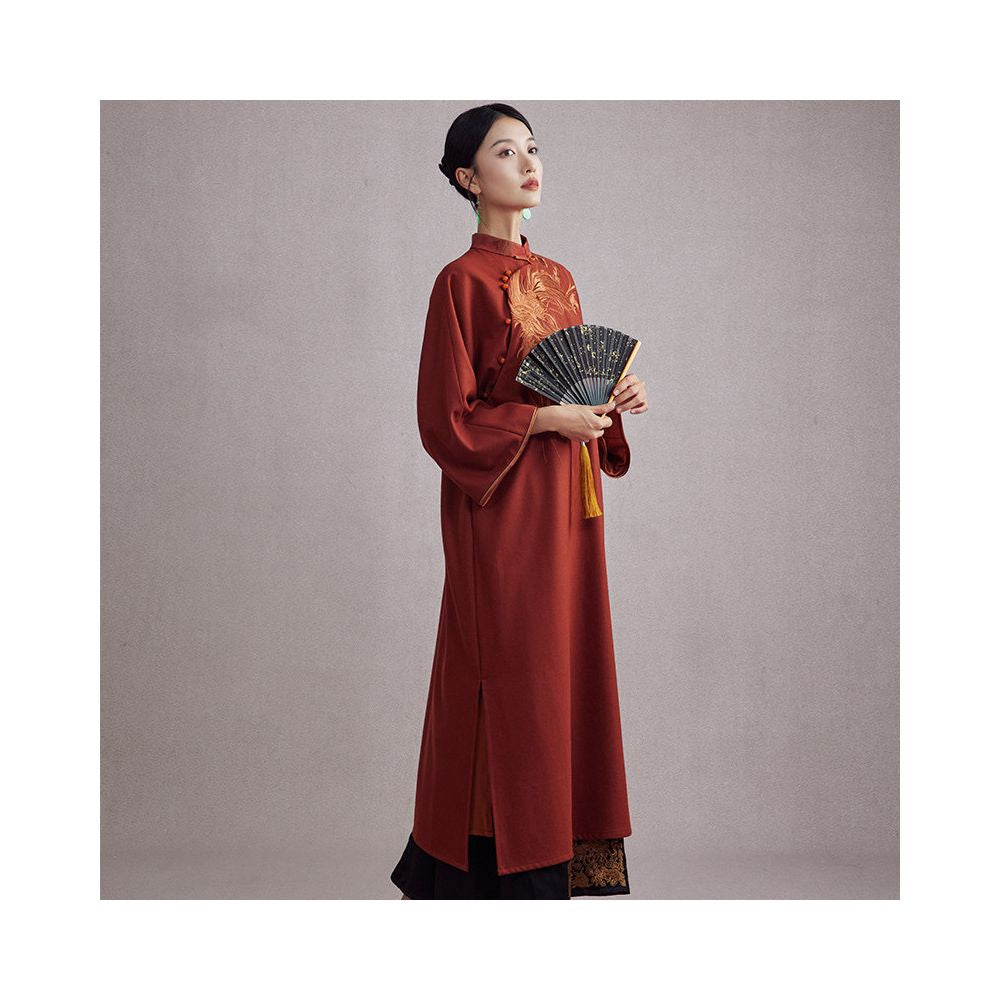 Moyu 2025 Autumn Winter New Chinese Style Retro Daily Phoenix Embroidery Large Size Cheongsam Style Woolen Dress image 3