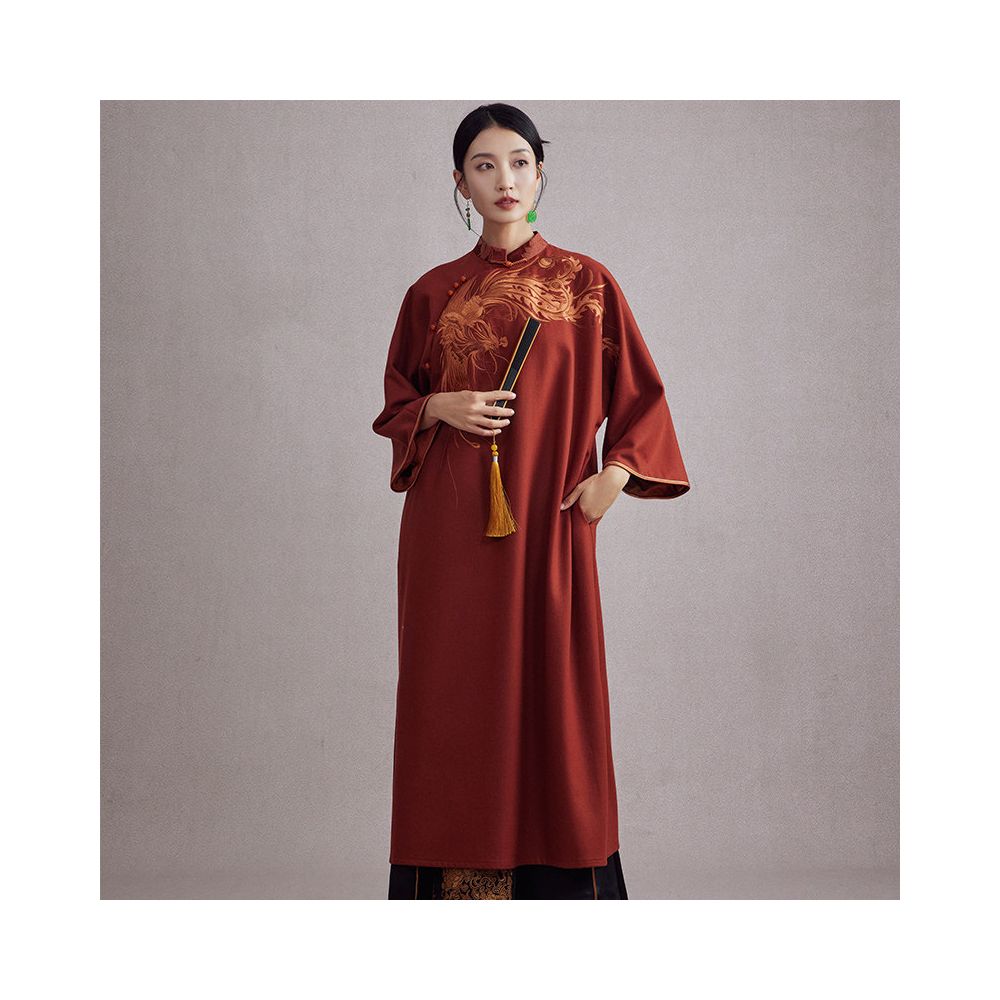 Moyu 2025 Autumn Winter New Chinese Style Retro Daily Phoenix Embroidery Large Size Cheongsam Style Woolen Dress image 4