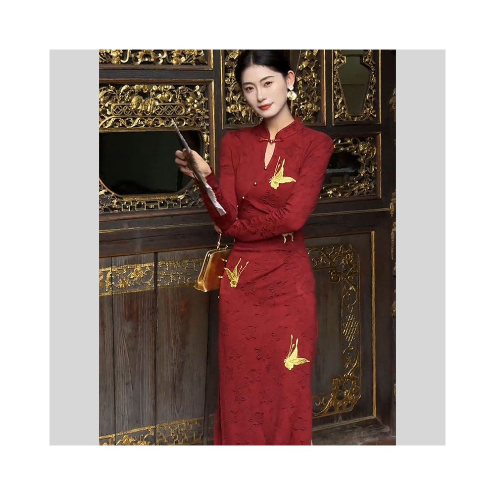 HARSIDE New Chinese Style Teardrop Collar Butterfly Embroidered Jacquard Cheongsam Dress High End Exquisite Beautiful and Light Luxury Dress image 1