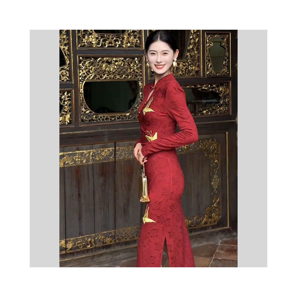 HARSIDE New Chinese Style Teardrop Collar Butterfly Embroidered Jacquard Cheongsam Dress High End Exquisite Beautiful and Light Luxury Dress image 5