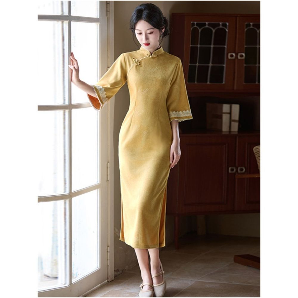 HARSIDE s new Chinese style improved mid sleeve cheongsam dress retro slim fit stand up collar early autumn age reduction elegant and gentle image 2