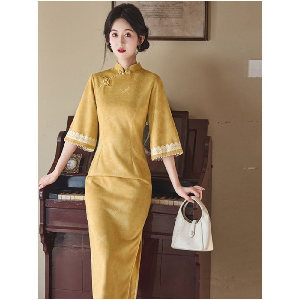 HARSIDE s new Chinese style improved mid sleeve cheongsam dress retro slim fit stand up collar early autumn age reduction elegant and gentle image 3