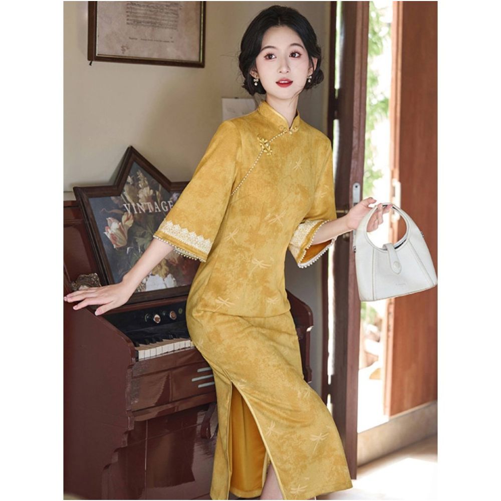 HARSIDE s new Chinese style improved mid sleeve cheongsam dress retro slim fit stand up collar early autumn age reduction elegant and gentle image 4