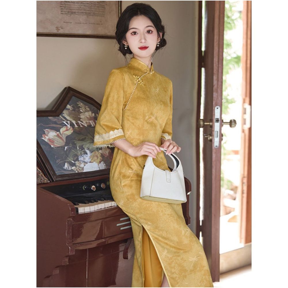 HARSIDE s new Chinese style improved mid sleeve cheongsam dress retro slim fit stand up collar early autumn age reduction elegant and gentle image 5
