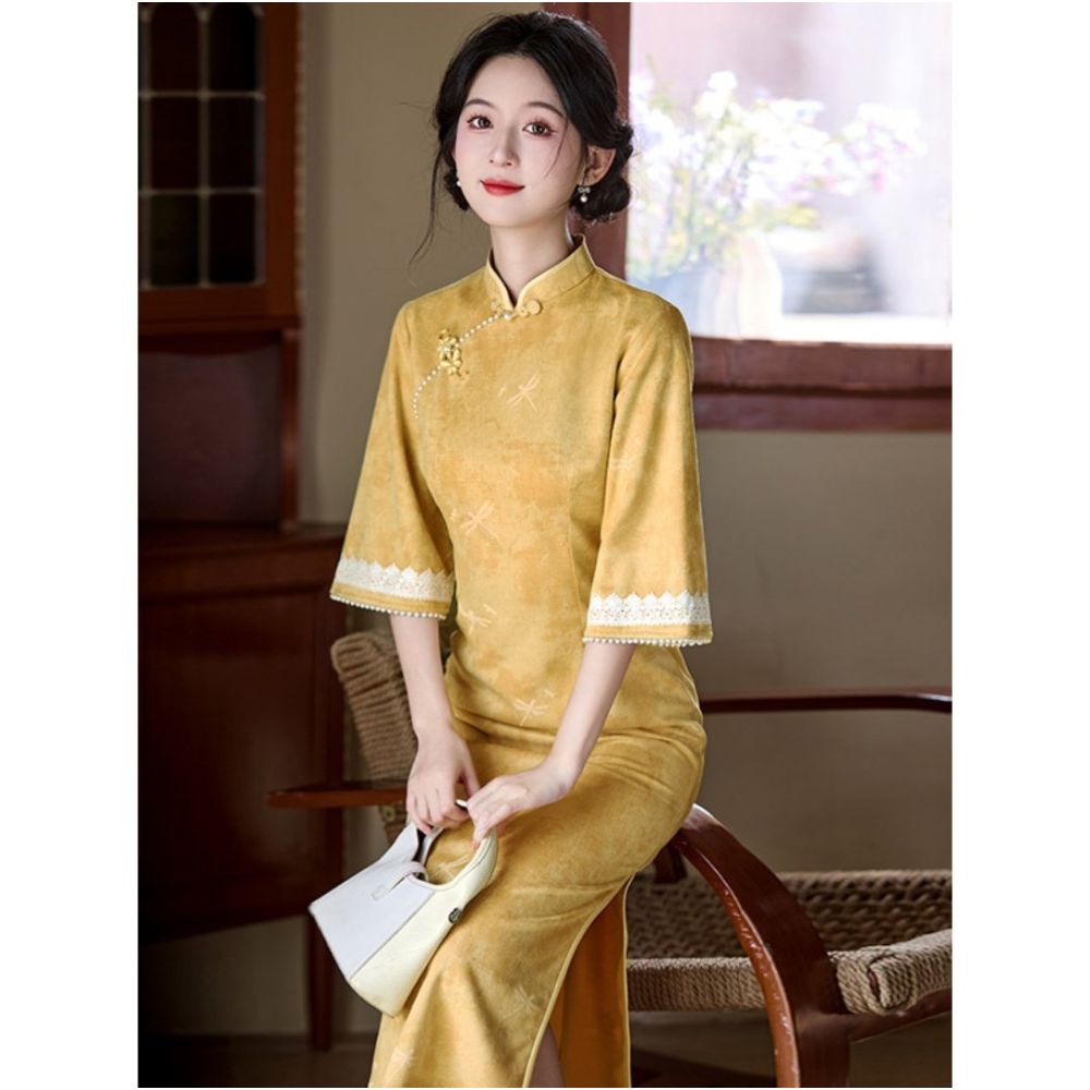 HARSIDE s new Chinese style improved mid sleeve cheongsam dress retro slim fit stand up collar early autumn age reduction elegant and gentle image 0