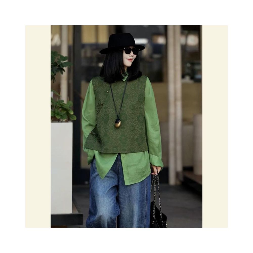 Quqi 2025 Autumn New Style New Chinese Style Age Reducing and Slimming Unique Premium Green Vest Shirt Top Set image 1