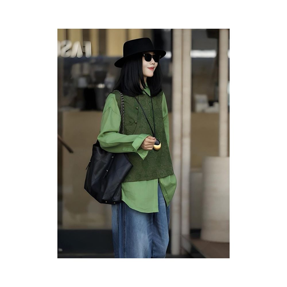 Quqi 2025 Autumn New Style New Chinese Style Age Reducing and Slimming Unique Premium Green Vest Shirt Top Set image 4