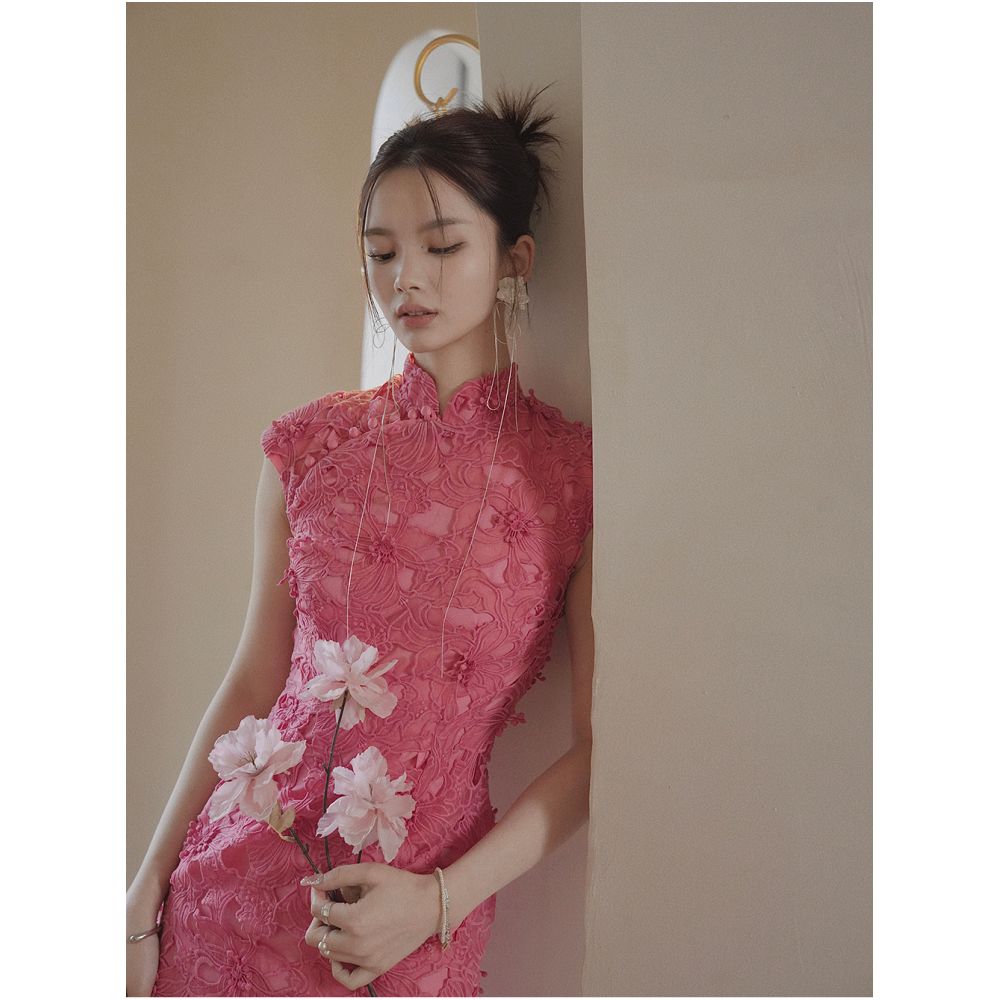Journeyj s niche design Haitang red pink three dimensional embroidery new Chinese qipao Chinese style dress summer women s dress image 1