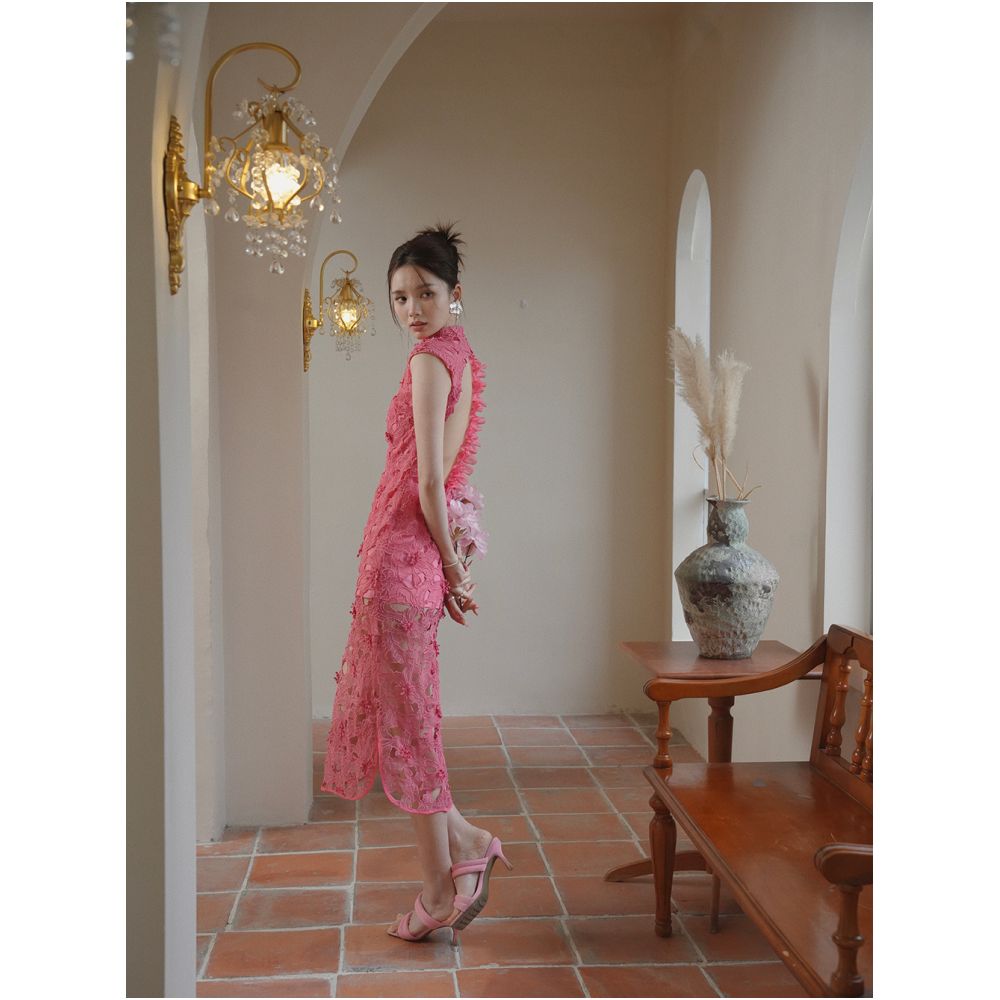 Journeyj s niche design Haitang red pink three dimensional embroidery new Chinese qipao Chinese style dress summer women s dress image 3