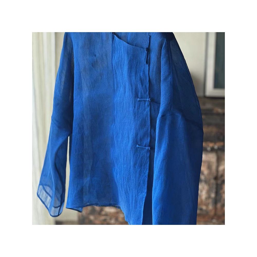 Klein blue shirt New Chinese style blue round neck ramie slant collar slightly transparent shirt for women s early autumn vintage style shirt image 2