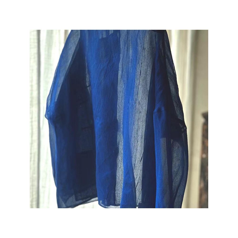 Klein blue shirt New Chinese style blue round neck ramie slant collar slightly transparent shirt for women s early autumn vintage style shirt image 3