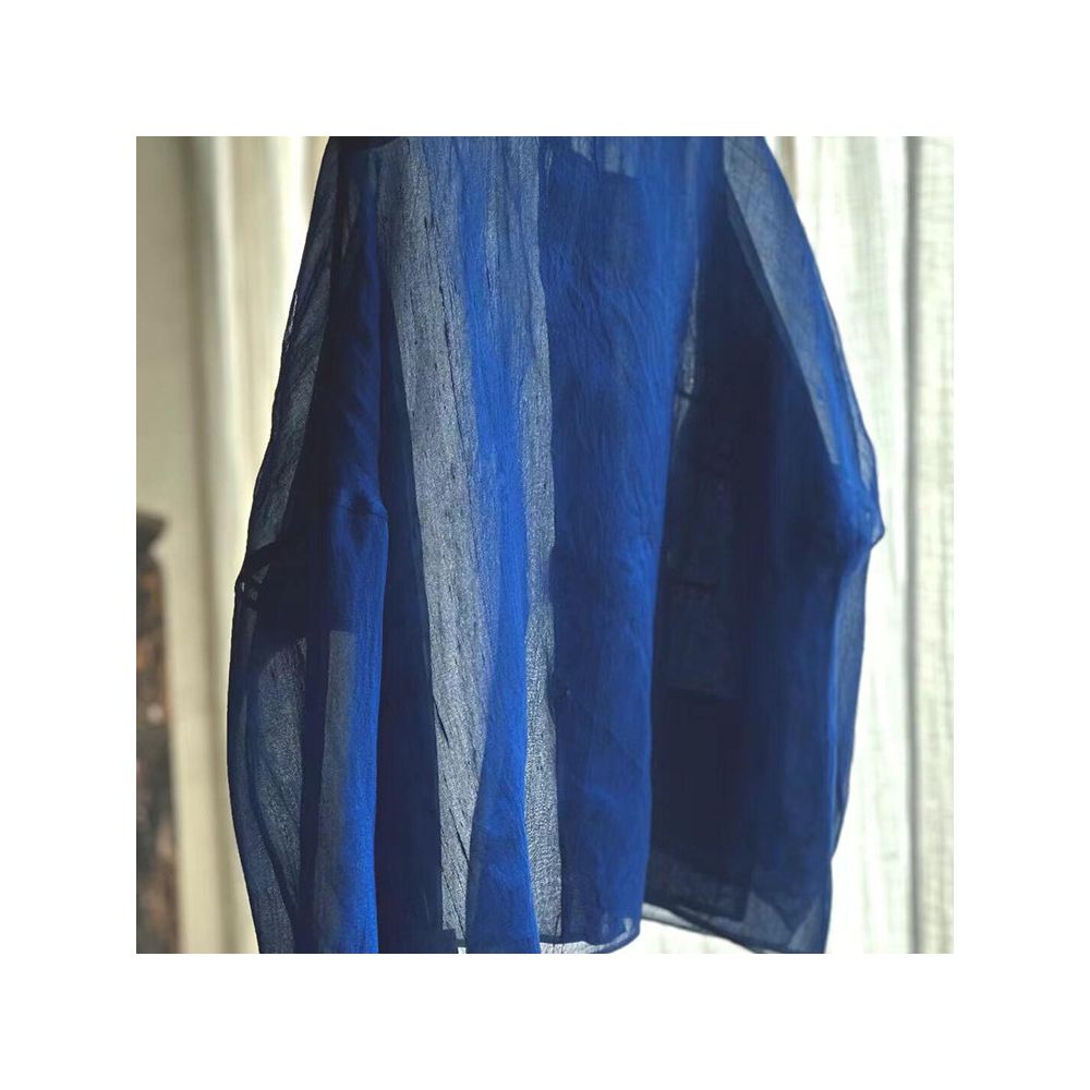 Klein blue shirt New Chinese style blue round neck ramie slant collar slightly transparent shirt for women s early autumn vintage style shirt image 4