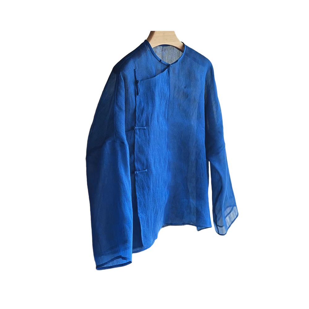 Klein blue shirt New Chinese style blue round neck ramie slant collar slightly transparent shirt for women s early autumn vintage style shirt image 5