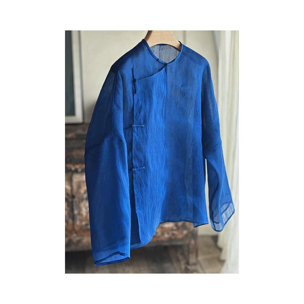 Klein blue shirt New Chinese style blue round neck ramie slant collar slightly transparent shirt for women s early autumn vintage style shirt image 0