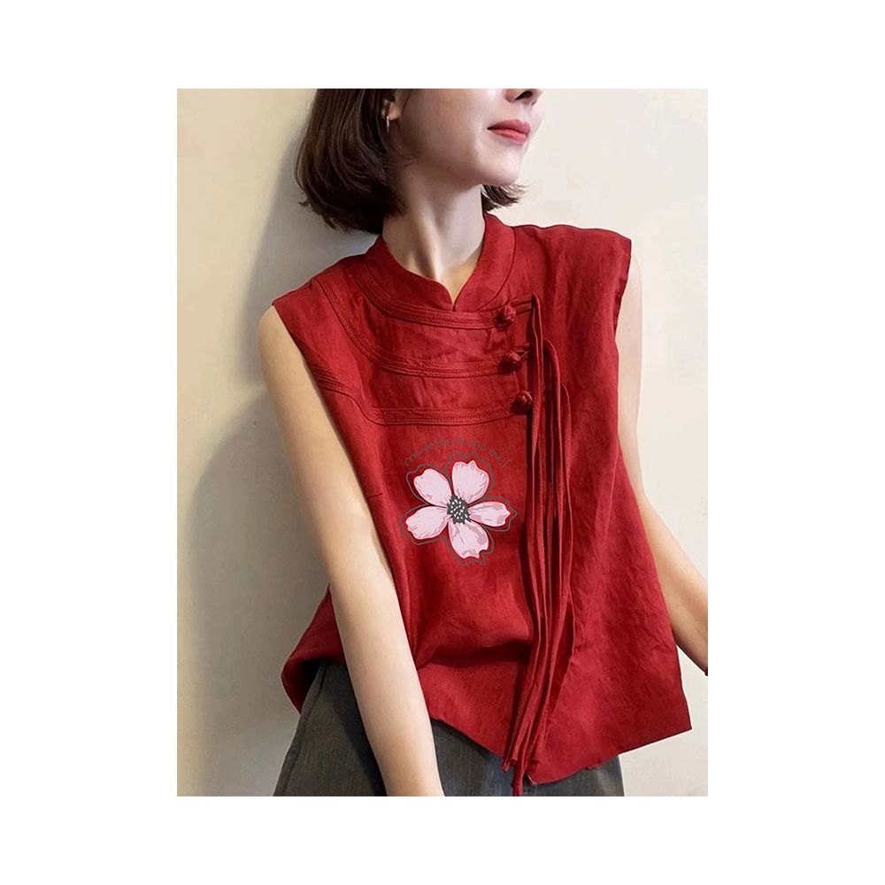 New Chinese style national style super good looking design sense top red round neck buckle sleeveless printed vest for women in summer 2025 image 2