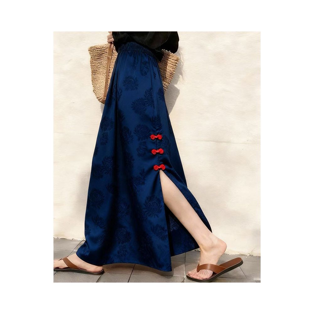 New Chinese style old money style jacquard plate buckle with back slit navy blue half skirt for important occasions beautiful skirt for children in autumn and winter image 3
