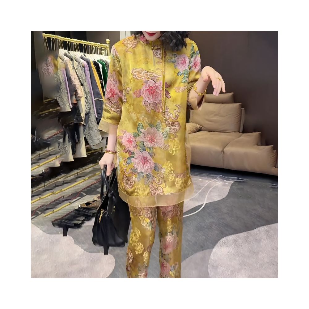 Classical temperament light mature new Chinese style seven quarter sleeve women s 2025 summer new soft high end printed large size set image 1