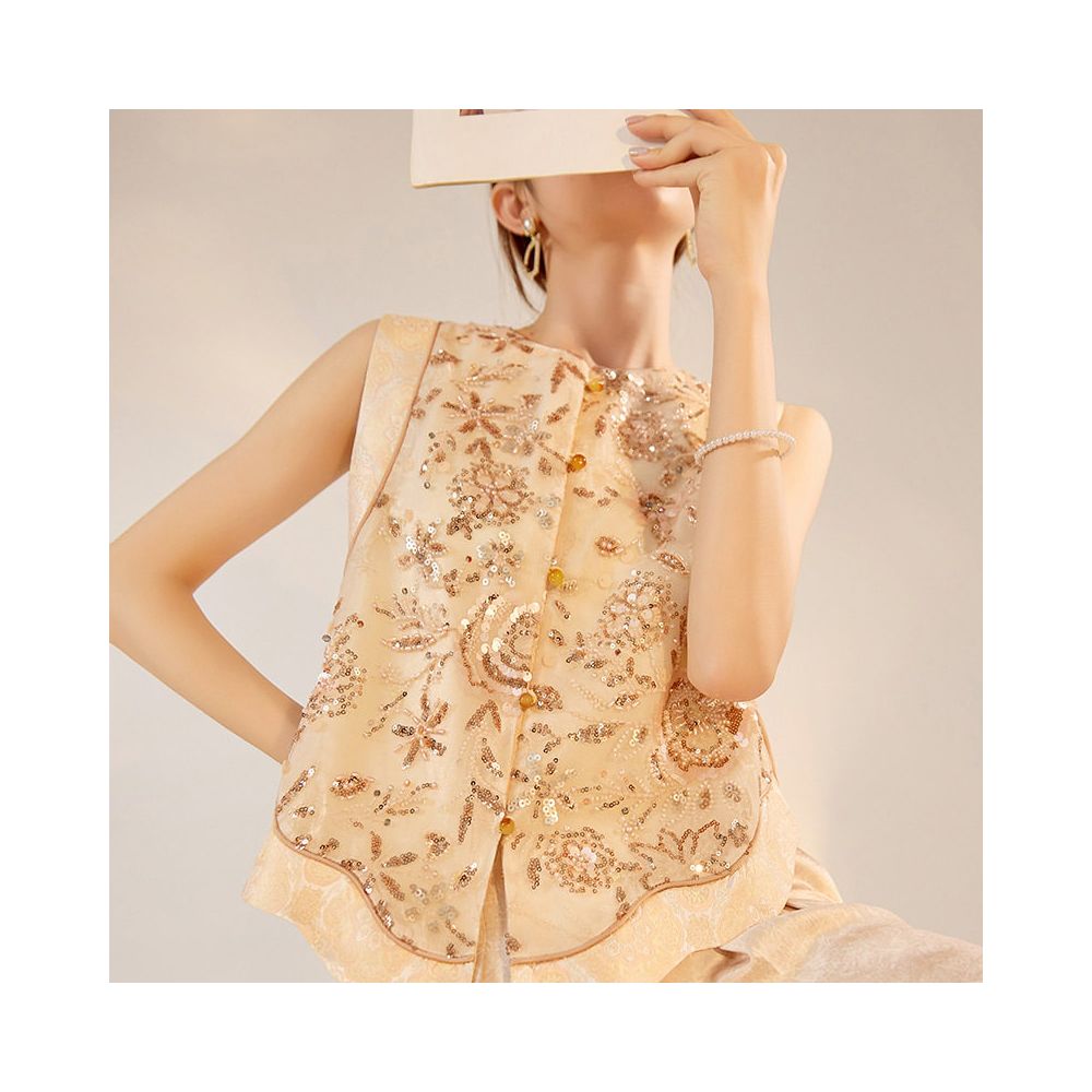 Tang Dou Gao Ding Yun Jin Shu Guo Feng Zhu Embroidery New Chinese style sequins fish tail half skirt vest pants women s summer image 2