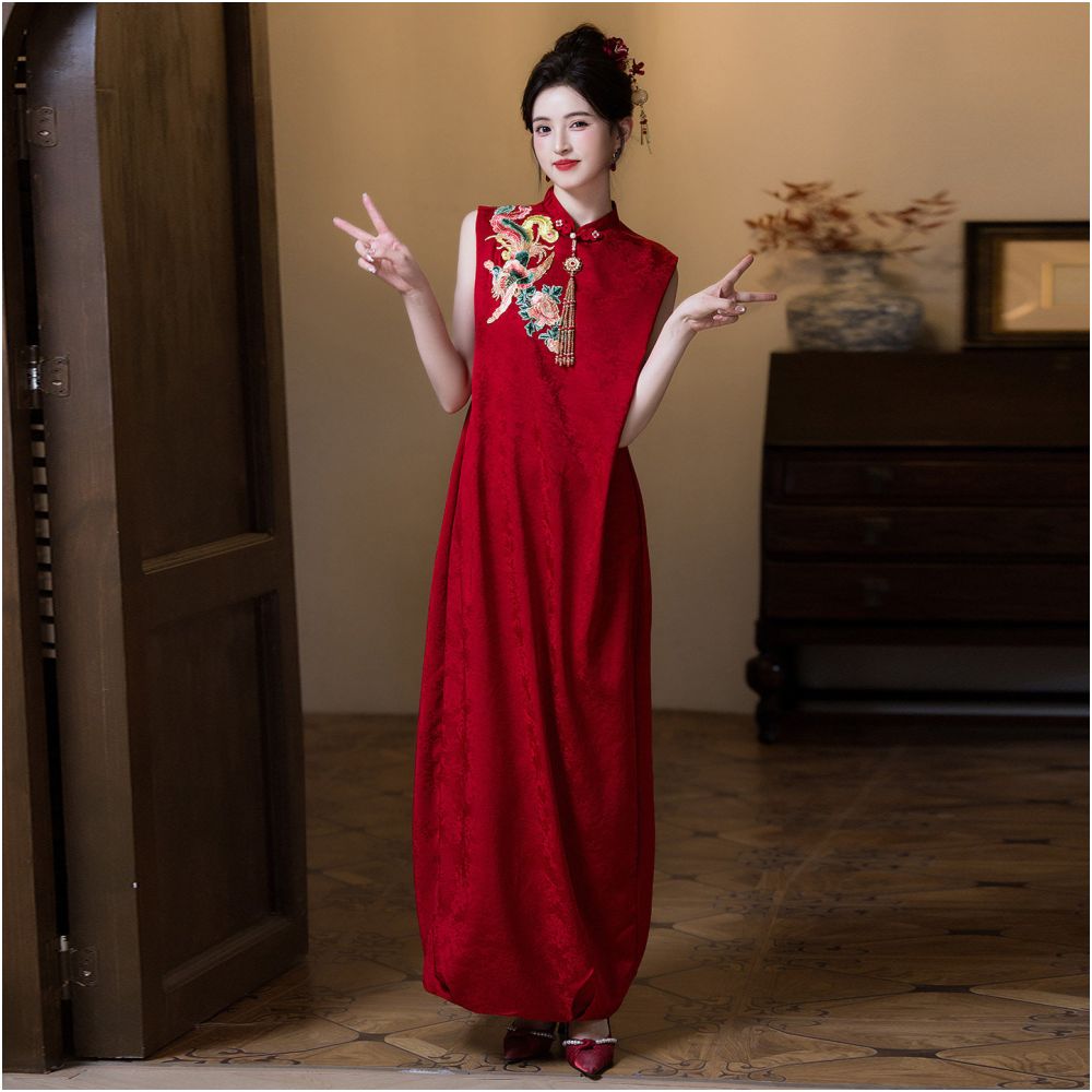 New Chinese style red toast dress 2025 new bride engagement and wedding dress plus size belly covering pregnant woman dress for women image 2