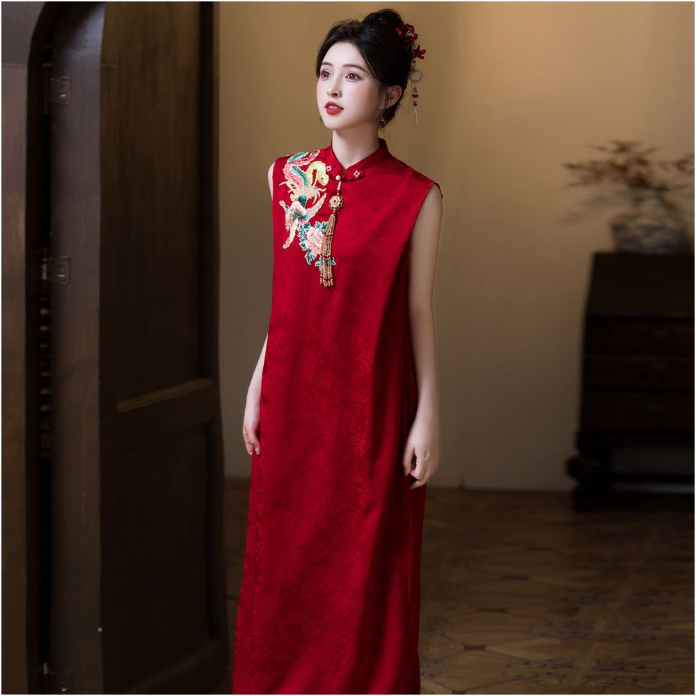 New Chinese style red toast dress 2025 new bride engagement and wedding dress plus size belly covering pregnant woman dress for women image 3