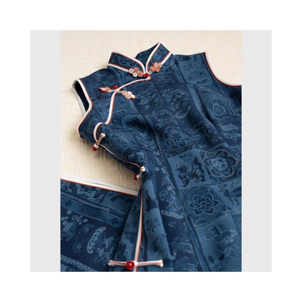 New Chinese style women s dress with blue stand up collar slanted placket buttoned jacquard sleeveless cheongsam summer petite absolutely American style dress image 1