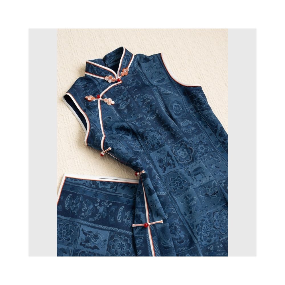 New Chinese style women s dress with blue stand up collar slanted placket buttoned jacquard sleeveless cheongsam summer petite absolutely American style dress image 4