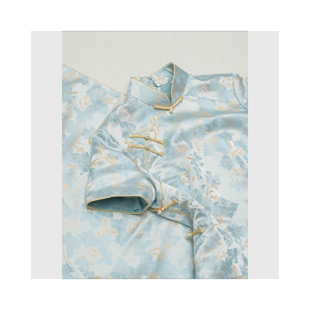 New Chinese style women s glacier blue slanted collar plate buckle printed cheongsam with exquisite summer temperament niche Chinese style dress image 2