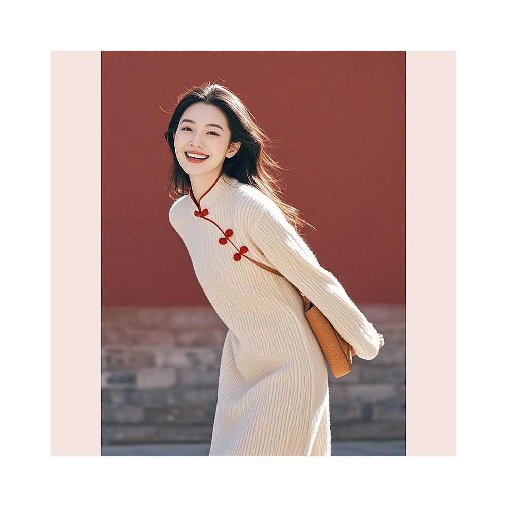 Shopping mall to withdraw cabinet 2025 winter fashion temperament high end feeling new Chinese style white buckle knitted dress for women image 2