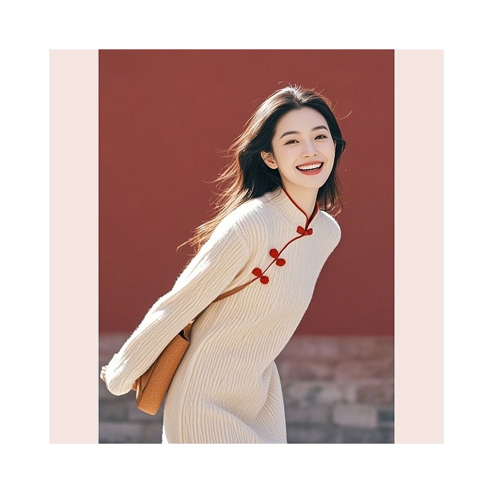 Shopping mall to withdraw cabinet 2025 winter fashion temperament high end feeling new Chinese style white buckle knitted dress for women image 3
